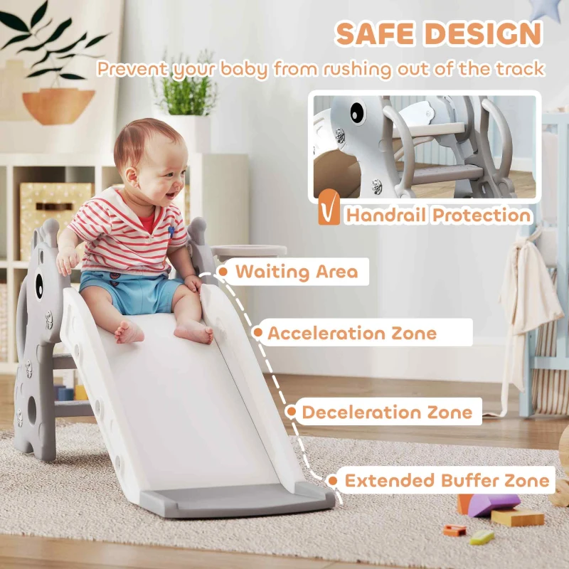 Qaba 3-in-1 Toddler Slide for Age 1-3, Freestanding Kids Slide with Climber, Basketball Hoop and Ball, Giraffe Design, Gray