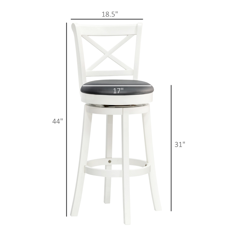 HOMCOM Traditional Bar Height Bar Stool, 31 Inch Seat Height Barstool, Swivel PU Leather Upholstered Chair, with Cross Back and Rubberwood Frame, Set of 3, Cream White