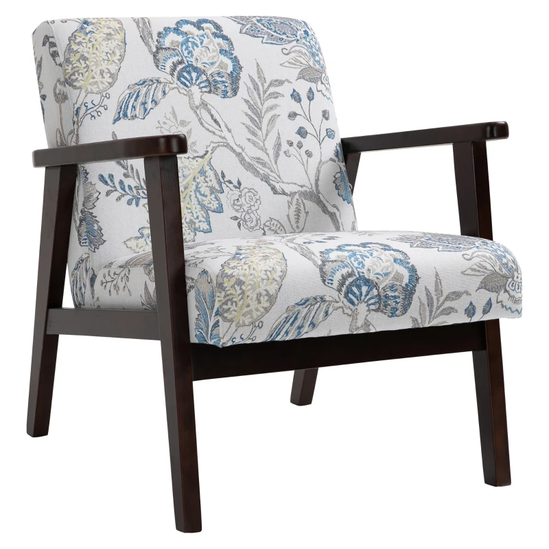 HOMCOM Mid-Century Modern Accent Chair Retro Fabric Armchair Wooden Arm Upholstered Lounge Chair for Living Room Floral