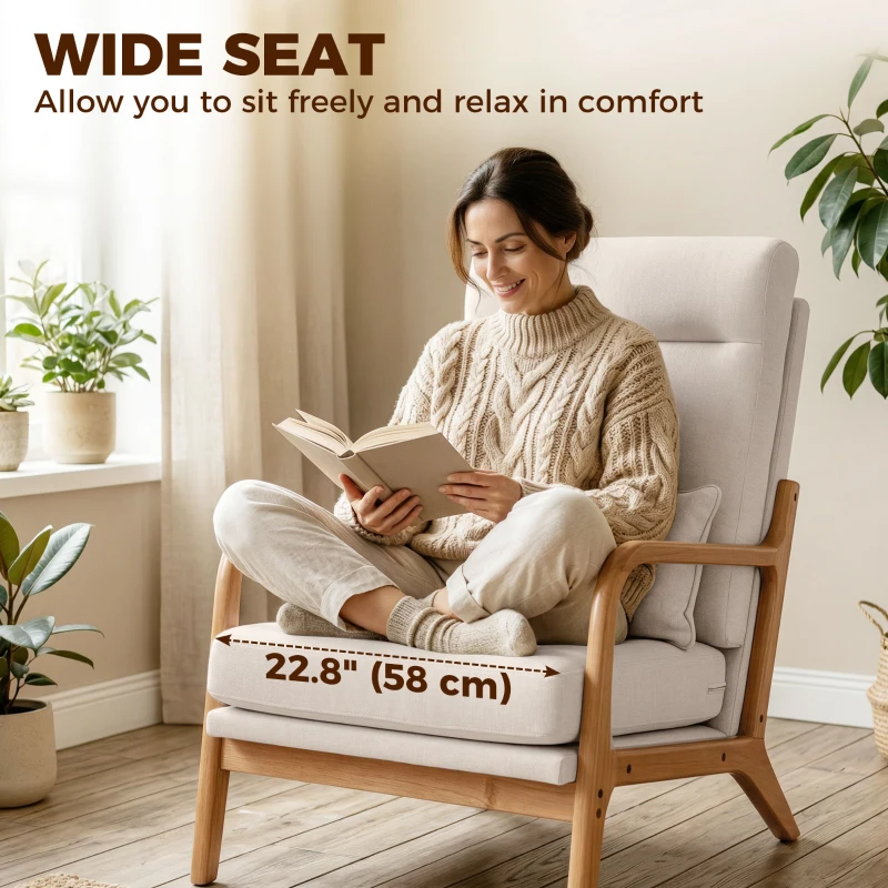 HOMCOM Modern Accent Chair, Linen Armchair with Lumbar Pillow, High Back, Wide Seat, Thick Cushion, Solid Wood Frame, Cream White