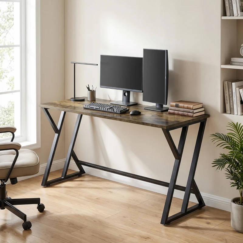 HOMCOM 55 Inch Computer Desk, Industrial Writing Desk with Z-Shaped Metal Leg, Study Table for Home Office, Rustic Brown