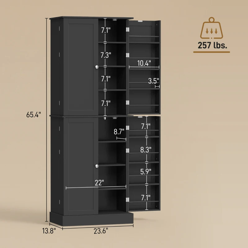 HOMCOM 65" Kitchen Cabinet, Kitchen Pantry Cabinet with 4 Doors and 16 Door Shelves for Dining Room, Black
