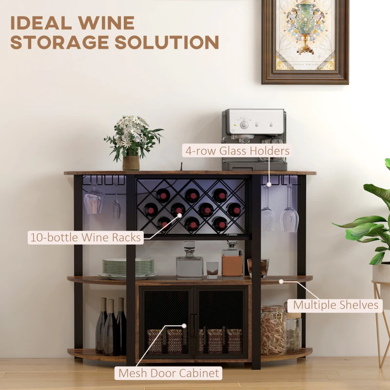 HOMCOM Wine Bar Cabinet with Charging Station, LED Lighted Liquor Cabinet with Wine Racks and Glass Holders, Rustic Brown