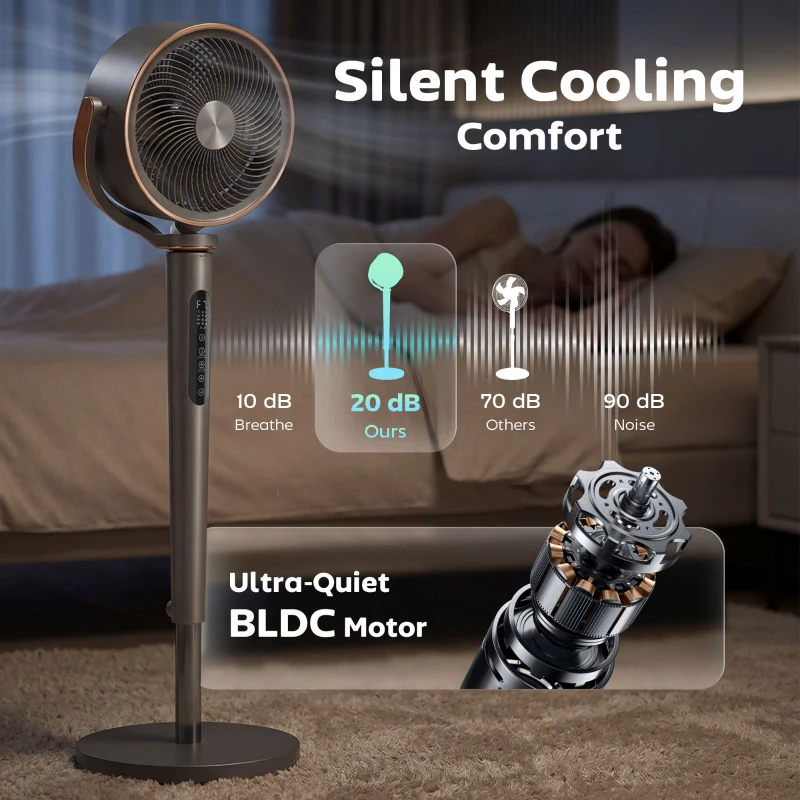 HOMCOM 20dB Silent Standing Fan, Oscillating Fan with 12 Speeds, LED Light, WiFi & Remote Control, 12H Timer