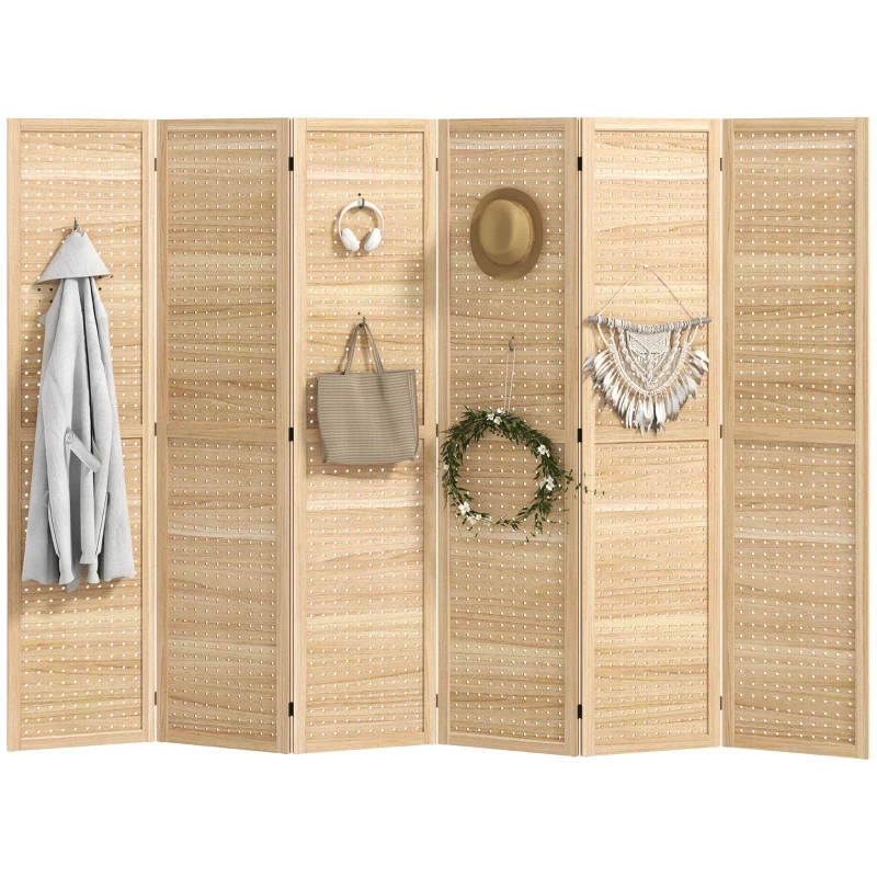 HOMCOM 5.6 Ft. Tall 6-Panel Room Divider, Pegboard Panel Freestanding Folding Privacy Screen Panels, Partition Wall Divider for Indoor Bedroom Office, Natural