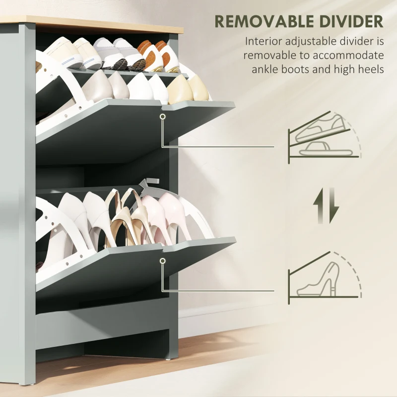 HOMCOM Shoe Storage Cabinet with 2 Flip Drawers and Adjustable Shelves for 8–12 Pairs of Shoes, Light Grey