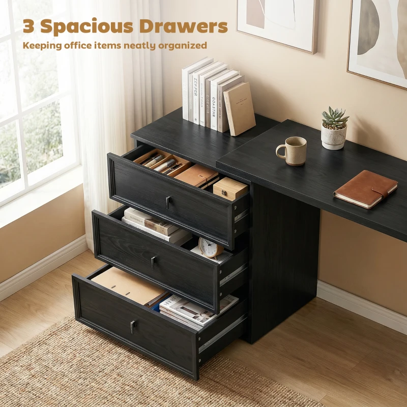 HOMCOM L Shaped Computer Desk Home Office Desk with 3 Drawers Black Wood Grain