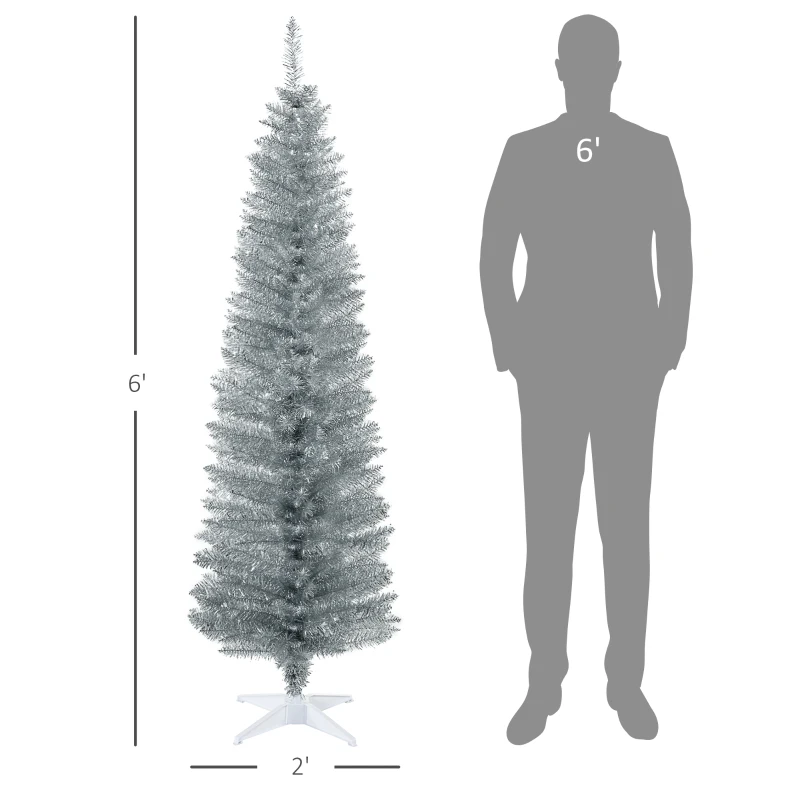 HOMCOM 6' Artificial Pencil Christmas Tree, Slim Xmas Tree with 390 Realistic Branch Tips and Plastic Stand, Silver