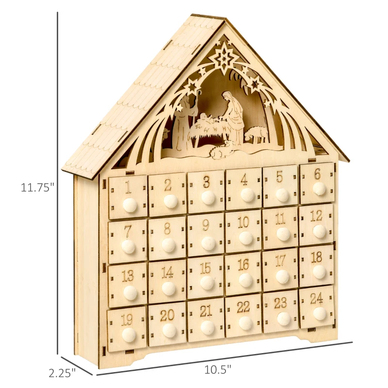 HOMCOM Christmas Advent Calendar, Light Up Manger Scene Tabletop Xmas Wooden House Holiday Decoration with Countdown Drawer, Bible Characters, for kids Adults