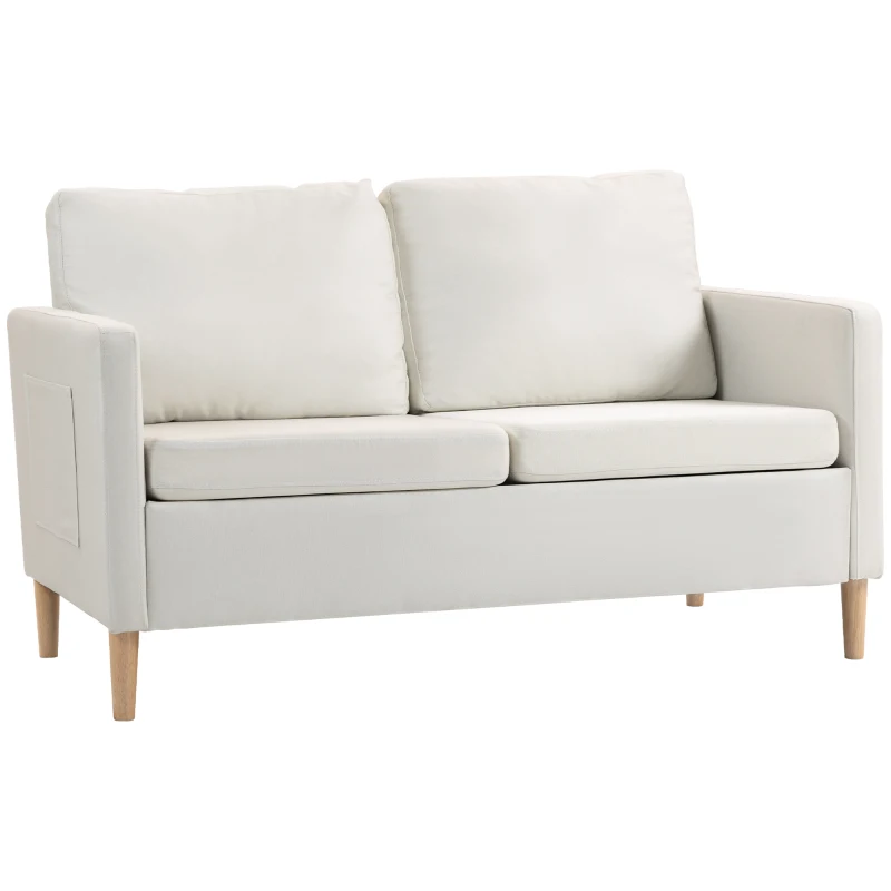 HOMCOM 56" 2 Seat Sofa, Modern Love Seats Furniture, Upholstered 2 Seater Couch with Side Pockets, Solid Wood Frame, White