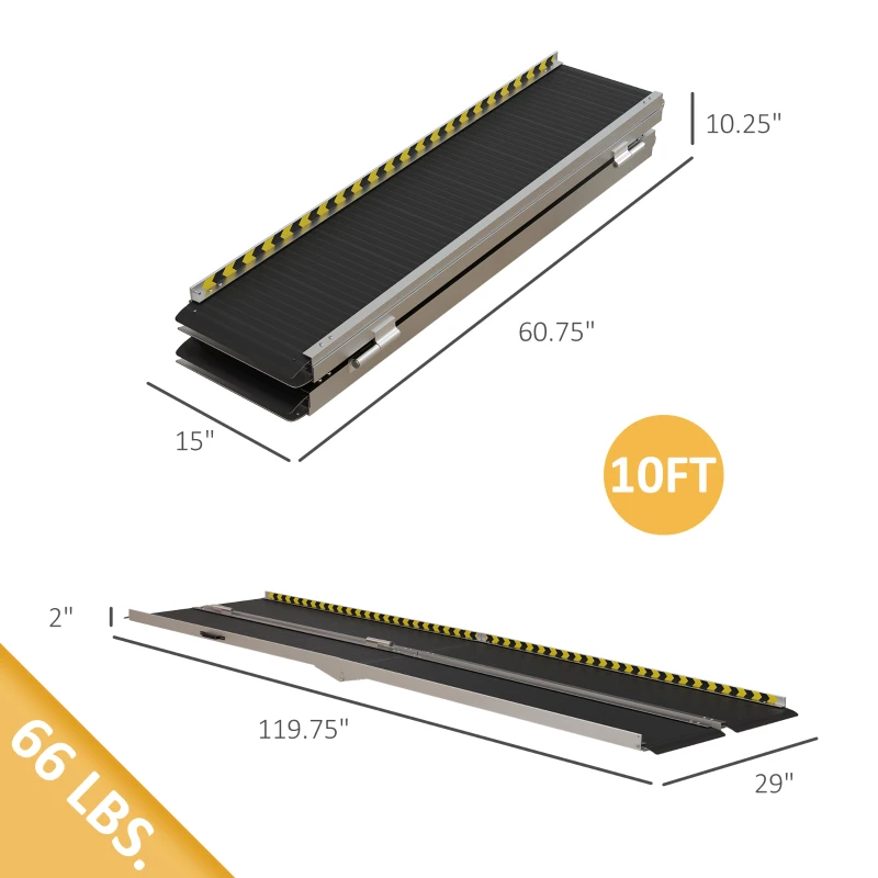 HOMCOM Wheelchair Ramp, 10FT Foldable Threshold Ramp, Aluminum Handicap Ramp with Non-Slip Surface, Transition Plates Above and Below for Home, Doorways, Steps, 600lbs Capacity