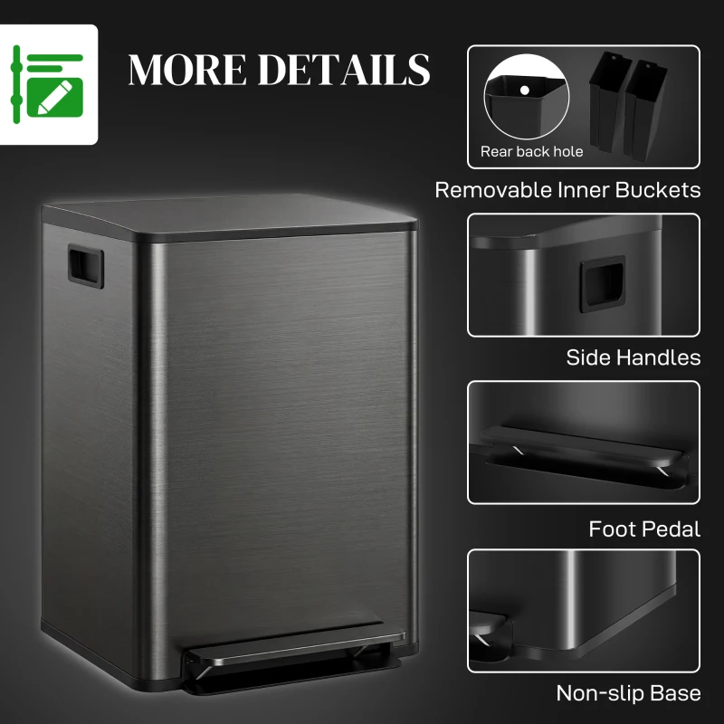 HOMCOM 2 x 30L / 7.9 Gallon Dual Trash Can with Removable Inner Buckets and Handles for Kitchen, Office, High-Gloss Black