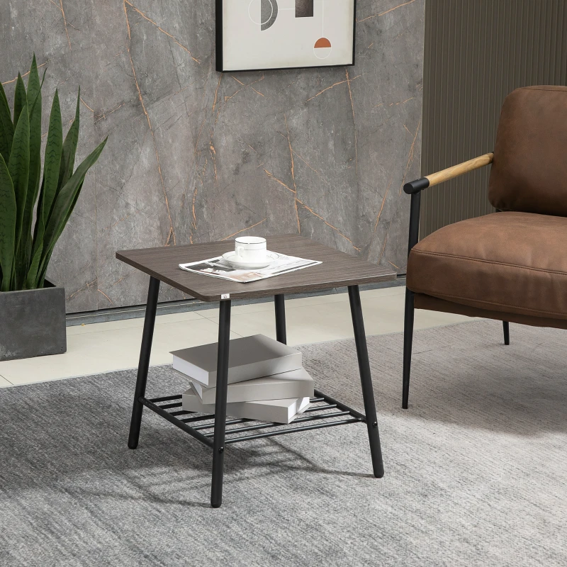 HOMCOM Square Side Table with Storage, 2-Tier End Table with Slat Shelf and Metal Frame for Living Room, Gray