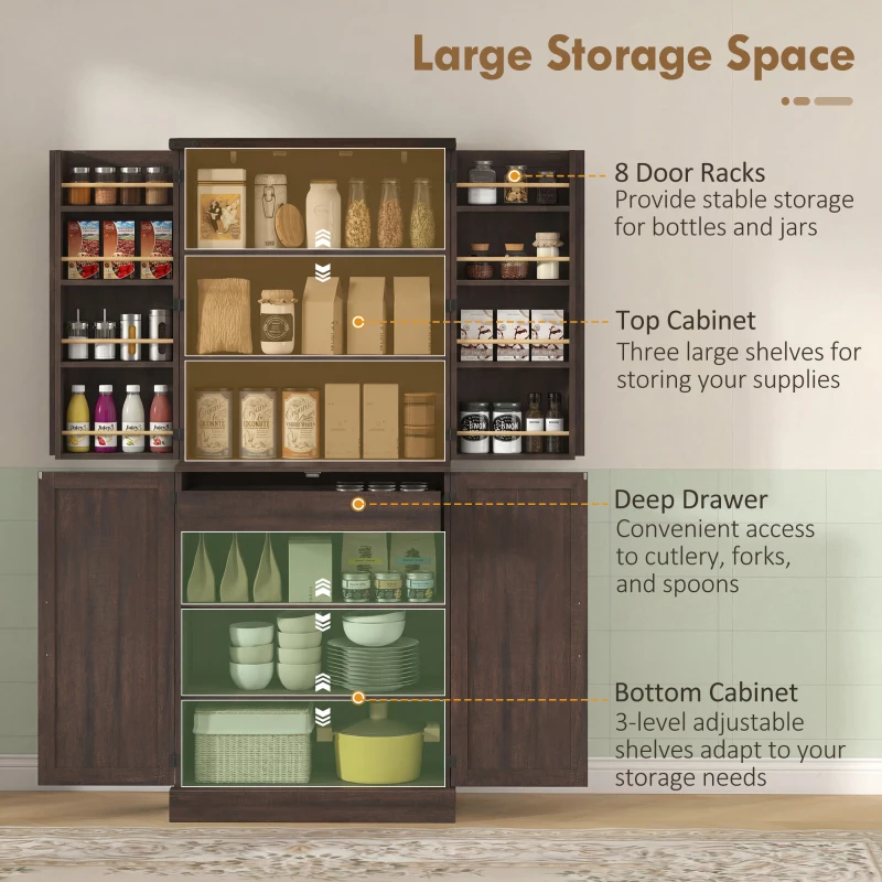 HOMCOM 72" Tall Kitchen Pantry Cabinet, Farmhouse Storage Cabinet with 8 Door Racks and Adjustable Shelves, Distressed Brown