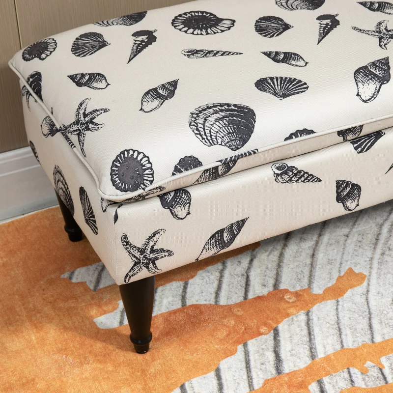 HOMCOM Linen-Touch Upholstered Fabric Ottoman Bench for Bedroom, Entryway, Living Room, Beige with Seashells
