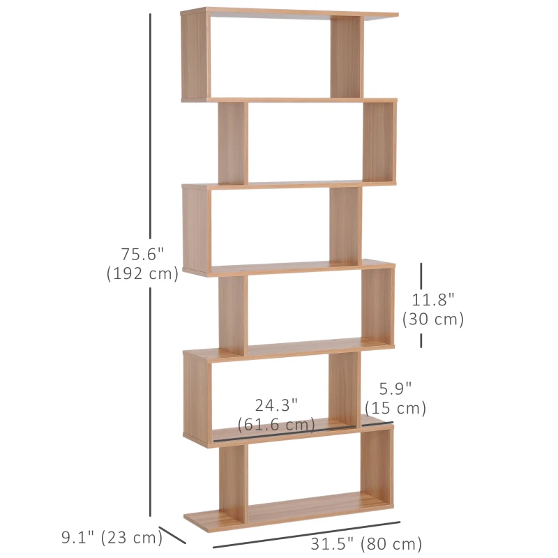 HOMCOM 76" 6-Tier Geometric Wooden Bookcase S Shaped Storage Display Bookshelf Modern shelf Open Concept Living Room Home Office Furniture, Maple