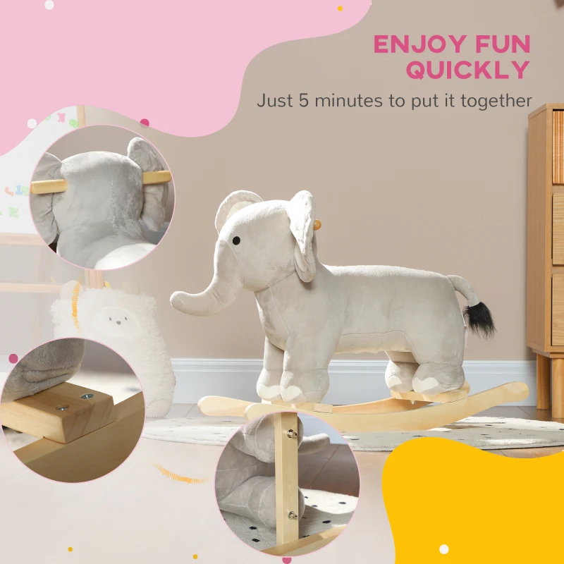 Qaba Kids Rocking Animal, Elephant Rocker with Realistic Sounds, Plush Ride on Toy for Years 2-4, Gray