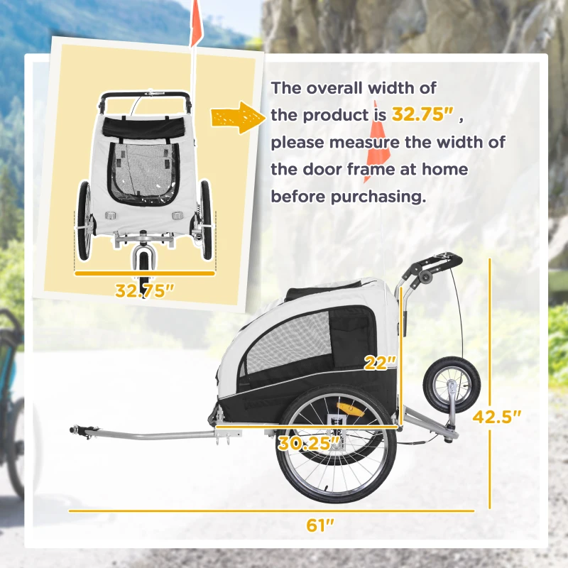 Aosom Dog Bike Trailer 2-In-1 Pet Stroller with Canopy and Storage Pockets, White