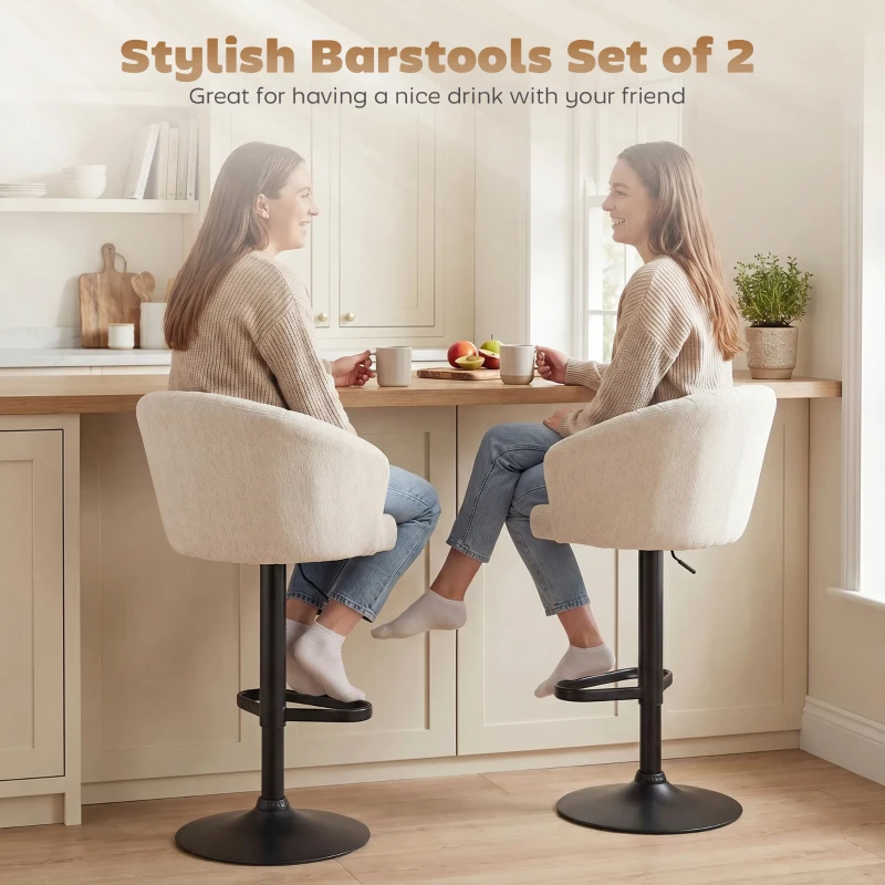 HOMCOM Modern Upholstered Adjustable Barstools with Swivel Seat, Linen Touch Fabric, Steel Frame, Footrest, ‎Beige