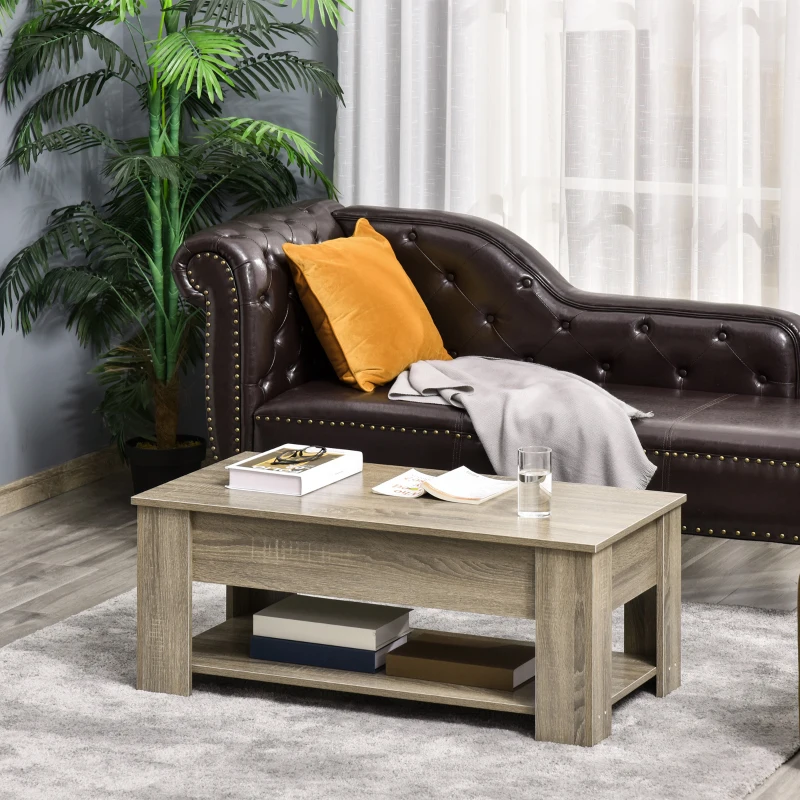 HOMCOM Lift Top Coffee Table with Hidden Storage Compartment and Open Shelf, Center Table for Living Room, Grey