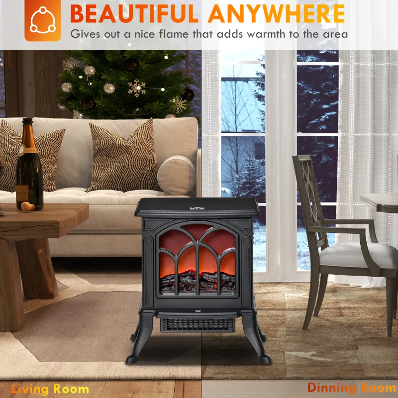HOMCOM Electric Fireplace Heater, Freestanding Fireplace Stove with Realistic Logs and Flame Effect, 750W/1500W, Black