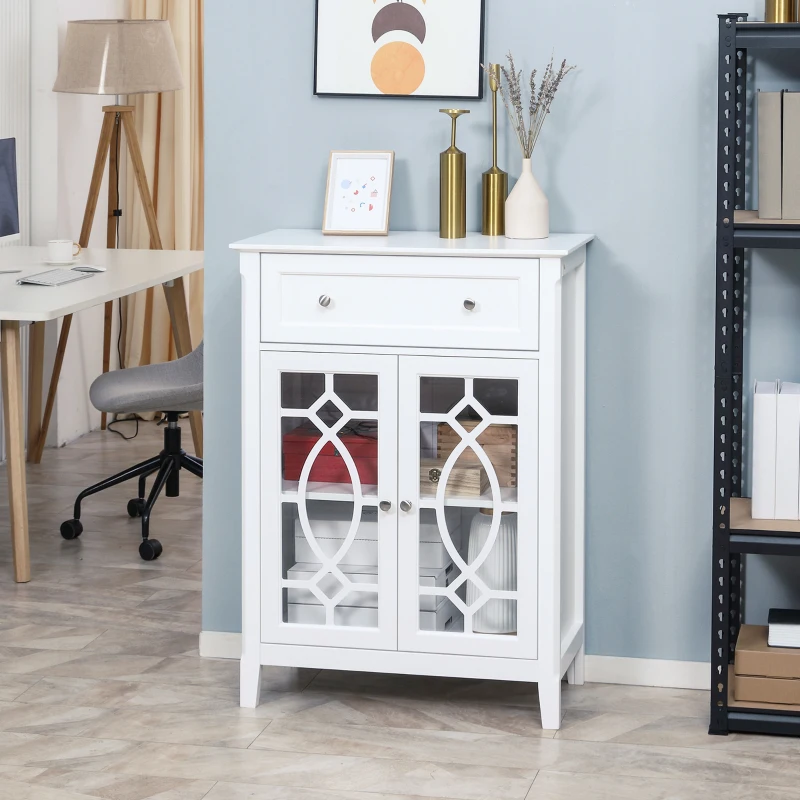 HOMCOM Sideboard Buffet Cabinet, Kitchen Storage Cabinet, Accent Cabinet with Drawer, Double Glass Doors and Adjustable Shelves for Living Room, Entryway, White