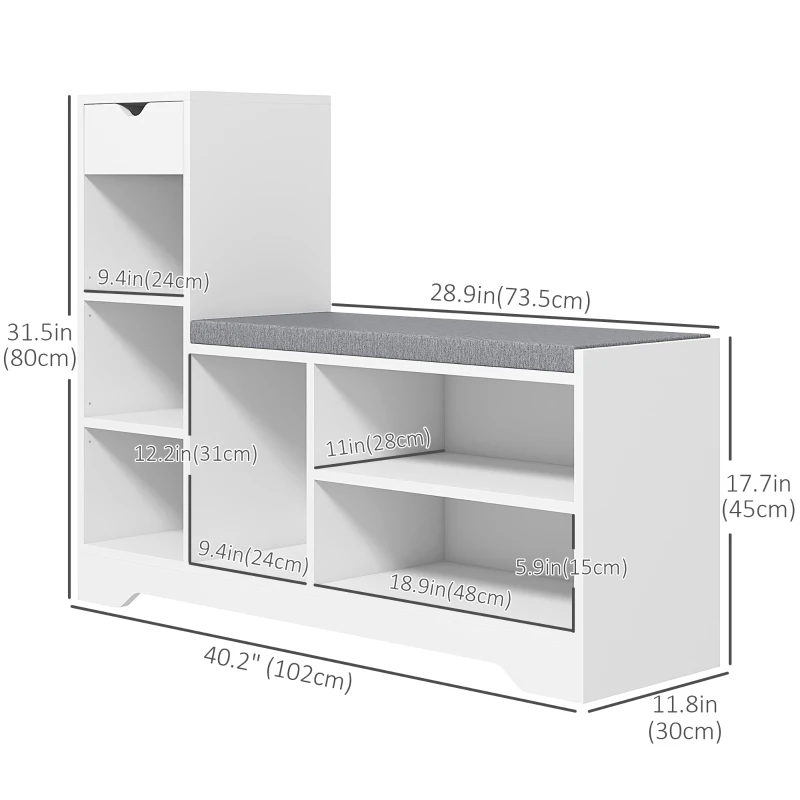 HOMCOM Upholstered Shoe Storage Bench w/ Seat, Entrance Bench w/ Drawer and 6 Open Shelves for Hallway, White
