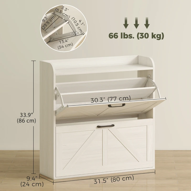 HOMCOM Narrow Shoe Storage Cabinet, Farmhouse Slim Shoe Cabinet with 2 Flip Drawers, Adjustable Shelves, White Oak