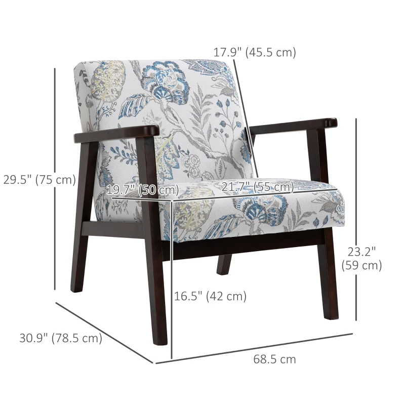 HOMCOM Mid-Century Modern Accent Chair Retro Fabric Armchair Wooden Arm Upholstered Lounge Chair for Living Room Floral