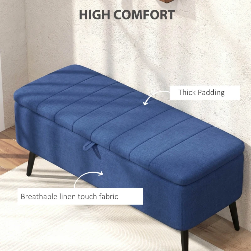 HOMCOM 40" Ottoman with Storage, Linen Upholstered Storage Ottoman Bench with Steel Legs for Living Room, Bedroom Dark Blue
