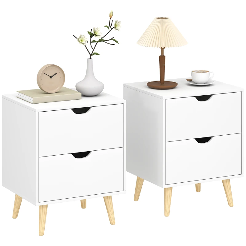 HOMCOM Modern Bedside Table Set of 2, Nightstand with 2 Drawers and Pine Wood Legs for Bedroom, White