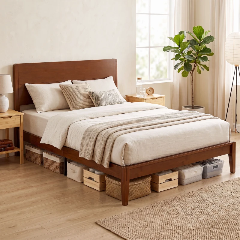 HOMCOM Queen Size Bamboo Platform Bed Frame with Headboard and 12 Poplar Slats, No Box Spring Needed, Easy Assembly, Brown
