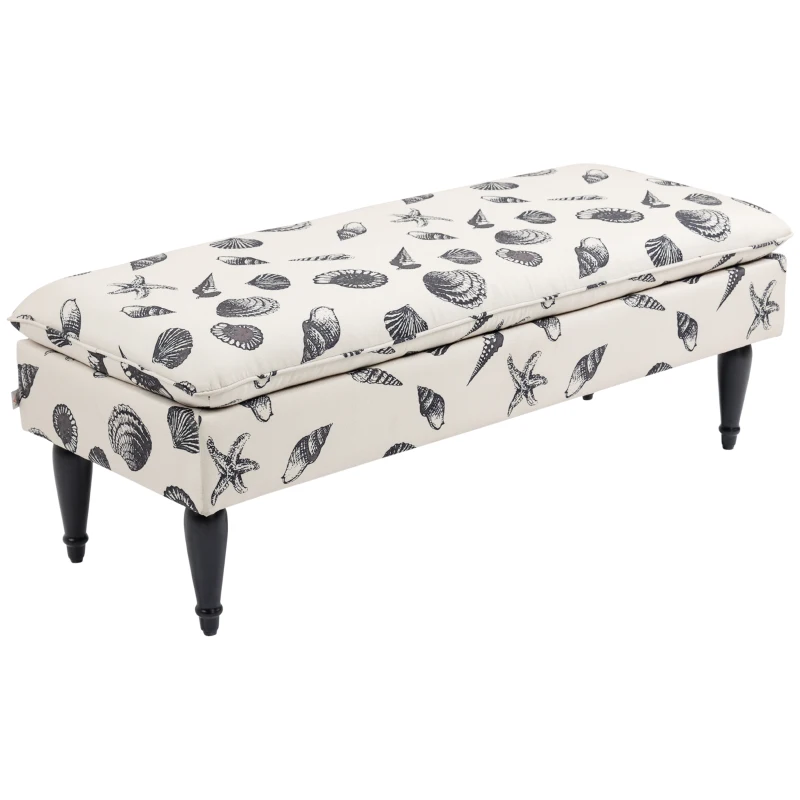 HOMCOM Linen-Touch Upholstered Fabric Ottoman Bench for Bedroom, Entryway, Living Room, Beige with Seashells
