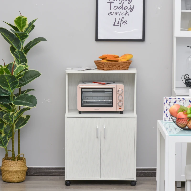 HOMCOM Microwave Cart on Wheels Utility Trolley Storage Sideboard Bookcase with 2-door Cabinet, White Oak