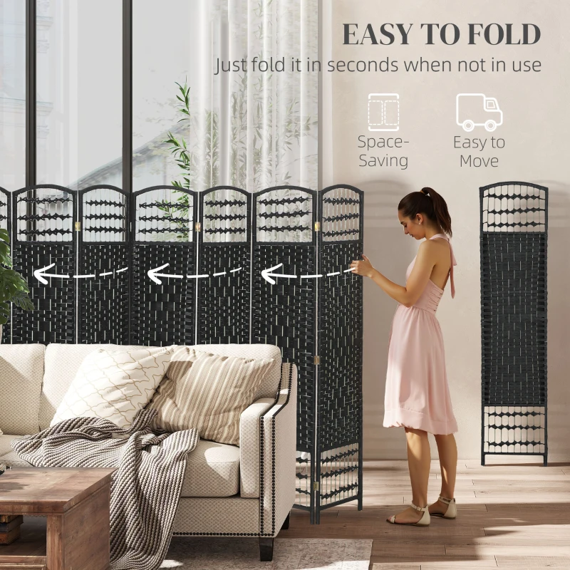 HOMCOM 8 Panel Folding Room Divider, Portable Privacy Screen, Wave Fiber Room Partition for Home Office, Black