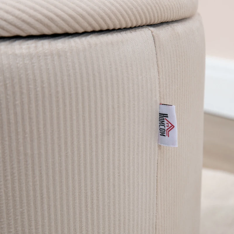 HOMCOM Corduroy Stool, Ottoman with Storage Set of 2, Removable Wood Lid, Hidden Space, Cream White