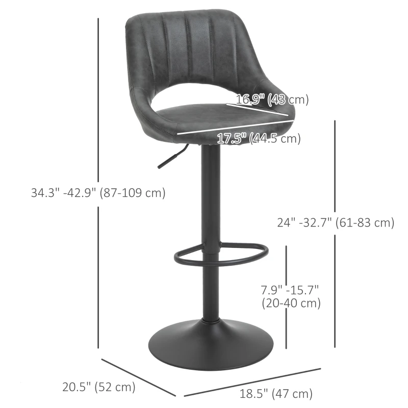 HOMCOM  Set of 2 Adjustable Bar Stools with PU Upholstered Back, Footrest, Round Base for Kitchen, Dining Room, Grey