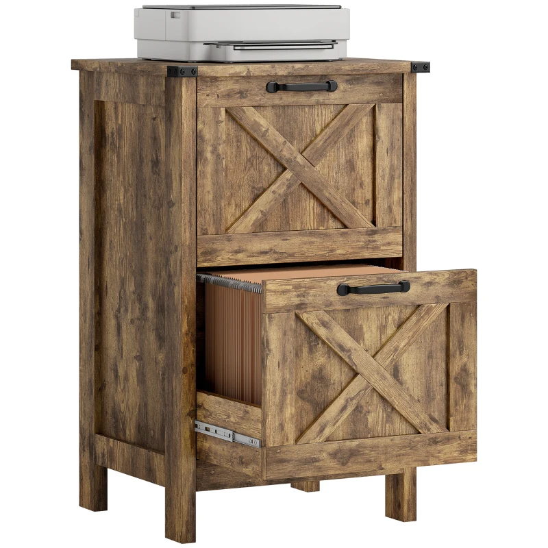 HOMCOM Vertical File Cabinet with 2 Drawers, Rustic Farmhouse Office Storage Cabinet for A4, Letter Size, Rustic Brown