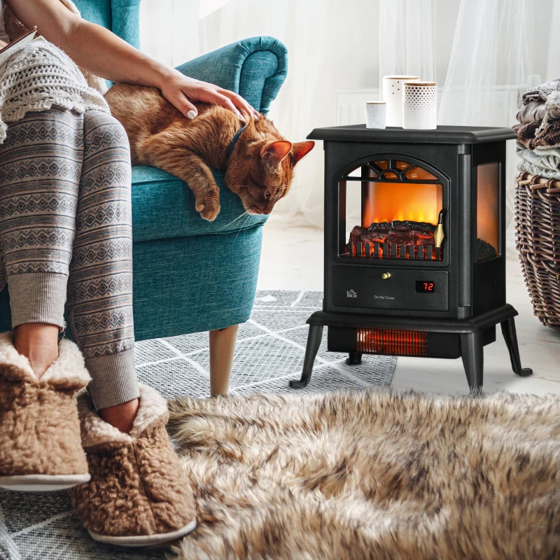 HOMCOM 23" Electric Infrared Fireplace Stove, Freestanding Fire Place Heater with Realistic Log Flame, Timer, Black