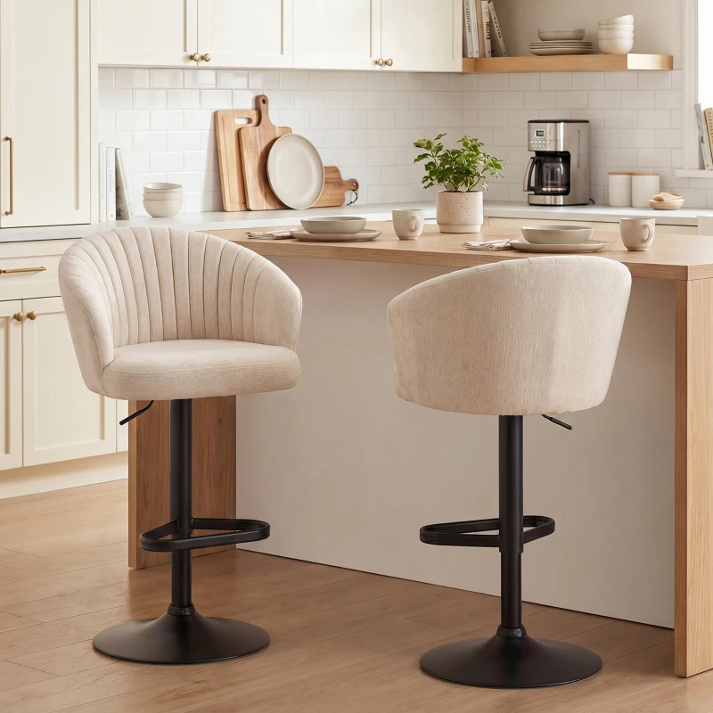 HOMCOM Modern Upholstered Adjustable Barstools with Swivel Seat, Linen Touch Fabric, Steel Frame, Footrest, ‎Beige