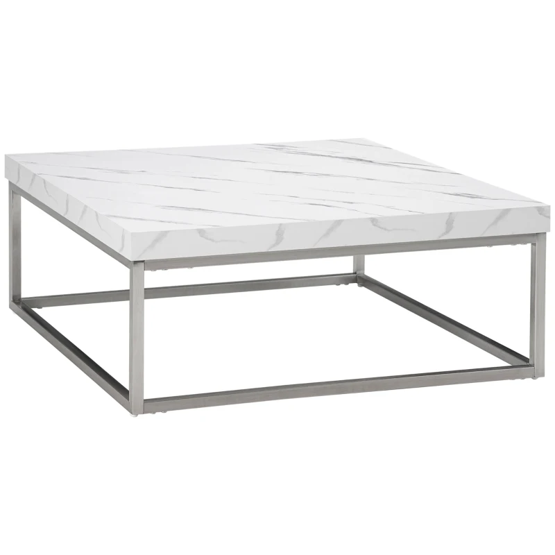HOMCOM Square Coffee Table with Faux Marble Tabletop, Low Table for Sitting on The Floor, Stainless Steel Frame for Living Room, White