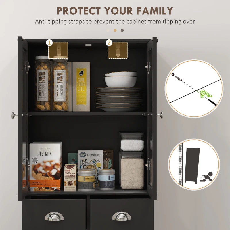 HOMCOM 61" Kitchen Pantry Cabinet, Freestanding Farmhouse Buffet Storage Cabinet with Soft Close Glass Doors and Adjustable Shelves, Black