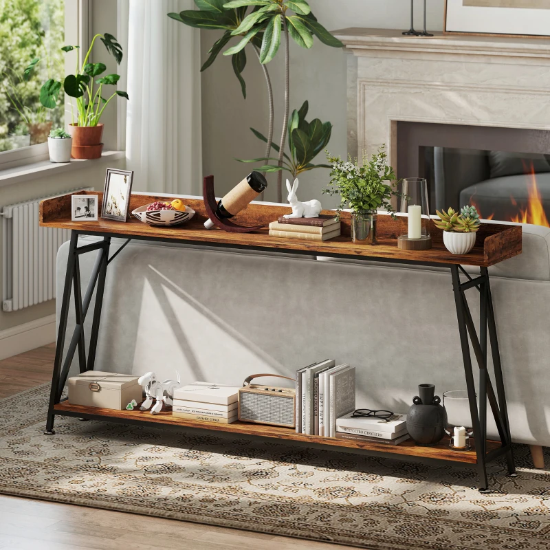HOMCOM 71" Extra Long Console Table with Storage Shelf and Guardrails, Industrial Entryway Table for Living Room, Rustic Brown