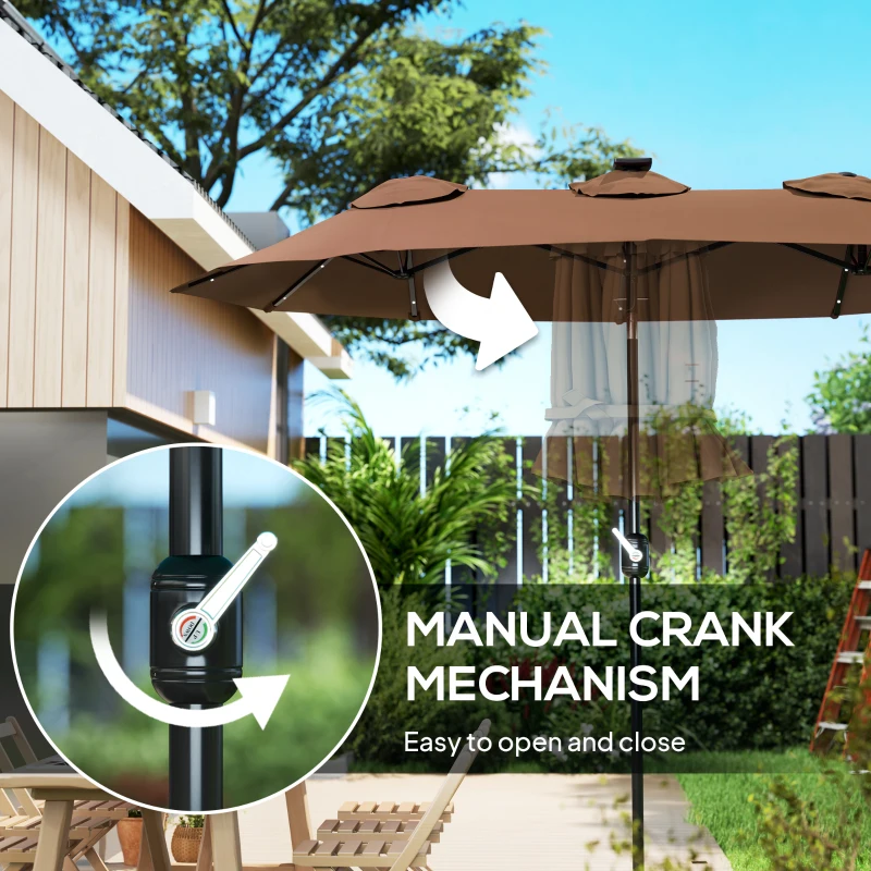 Outsunny Double-sided Patio Umbrella, 9.7 ft. Outdoor Umbrella with 45-Degree Tilt and Crank, LED Solar Light and 12 Ribs, Coffee