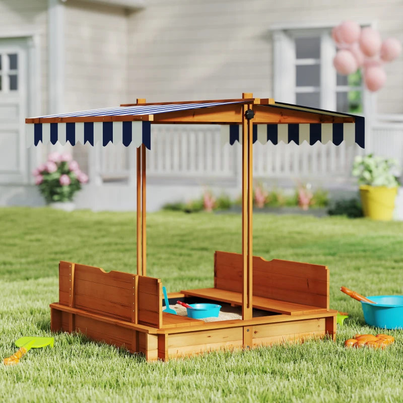 Outsunny Wooden Kids Sandbox with Cover, Sand Play Station with Foldable Bench Seats and Adjustable Canopy, Red