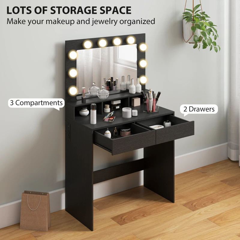 HOMCOM Vanity Table, Makeup Dressing Table with LED Lighting Mirror, Charging Station and Drawers for Bedroom, Black