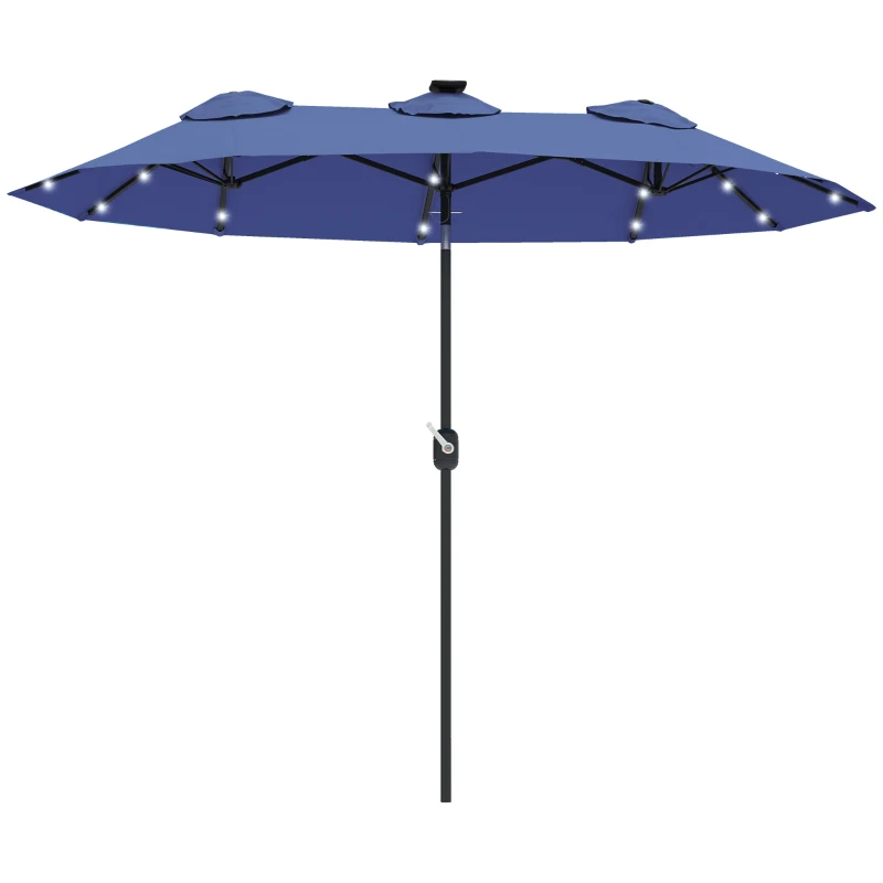 Outsunny Double-sided Patio Umbrella, 9.7' Outdoor Umbrella with Tilt and Crank, LED Solar Light and 12 Ribs, Navy Blue