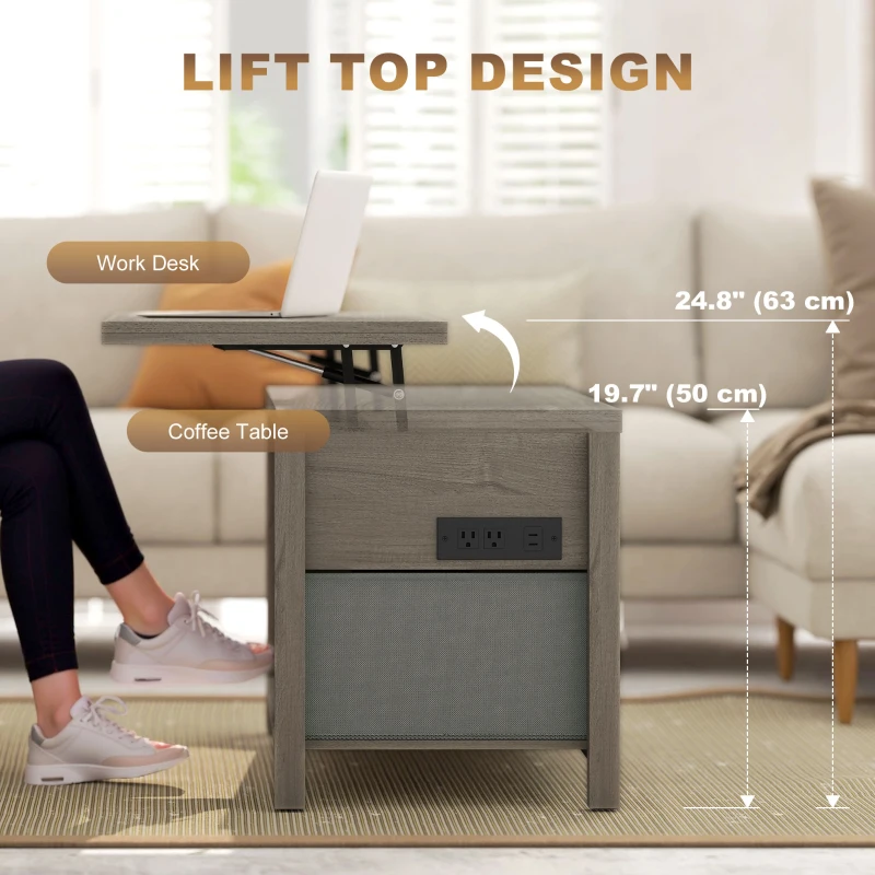 HOMCOM Lift Top Coffee Table, Center Table with 3 Hidden Compartments, 2 Fabric Drawers, Expandable Top and Charging Station