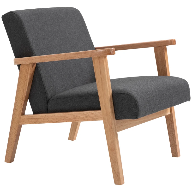 HOMCOM Mid-Century Modern Accent Chair Retro Fabric Armchair Wooden Arm Upholstered Lounge Chair for Living Room Grey