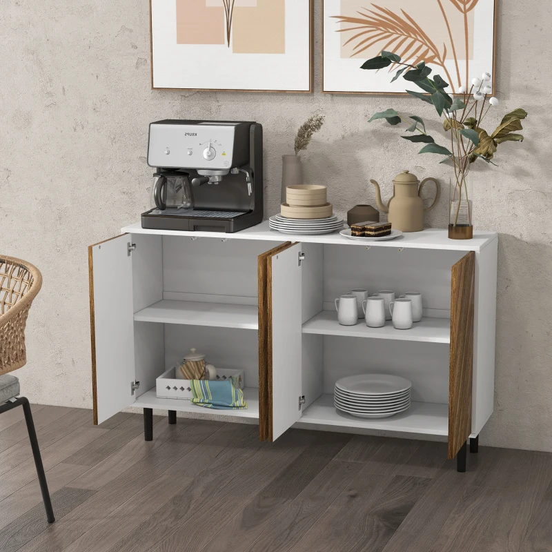 HOMCOM Sideboard Cabinet Kitchen Buffet Cabinet with Adjustable Shelves, 4 Chevron Doors and Pine Wood Legs, Brown
